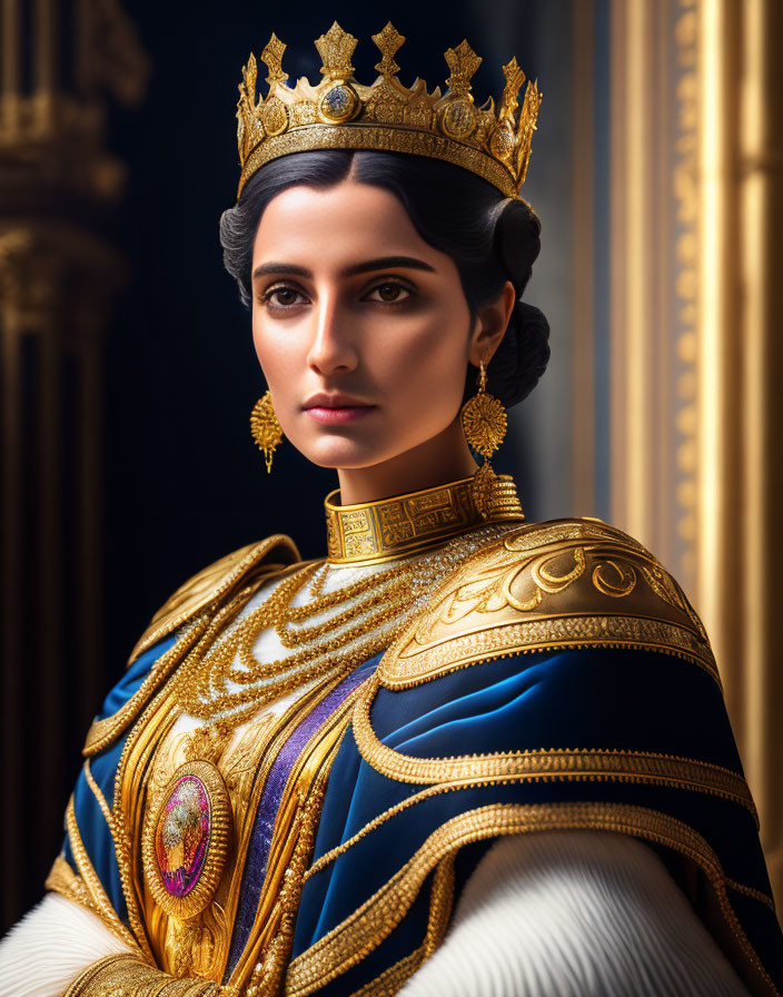 Regal woman in blue and gold military uniform with crown and medals