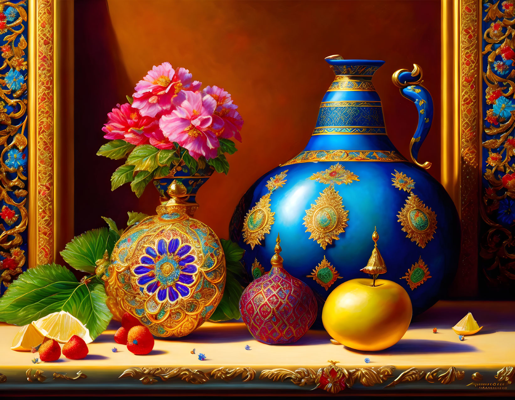 Colorful Still Life with Blue Vase, Pink Flowers, and Citrus Fruits