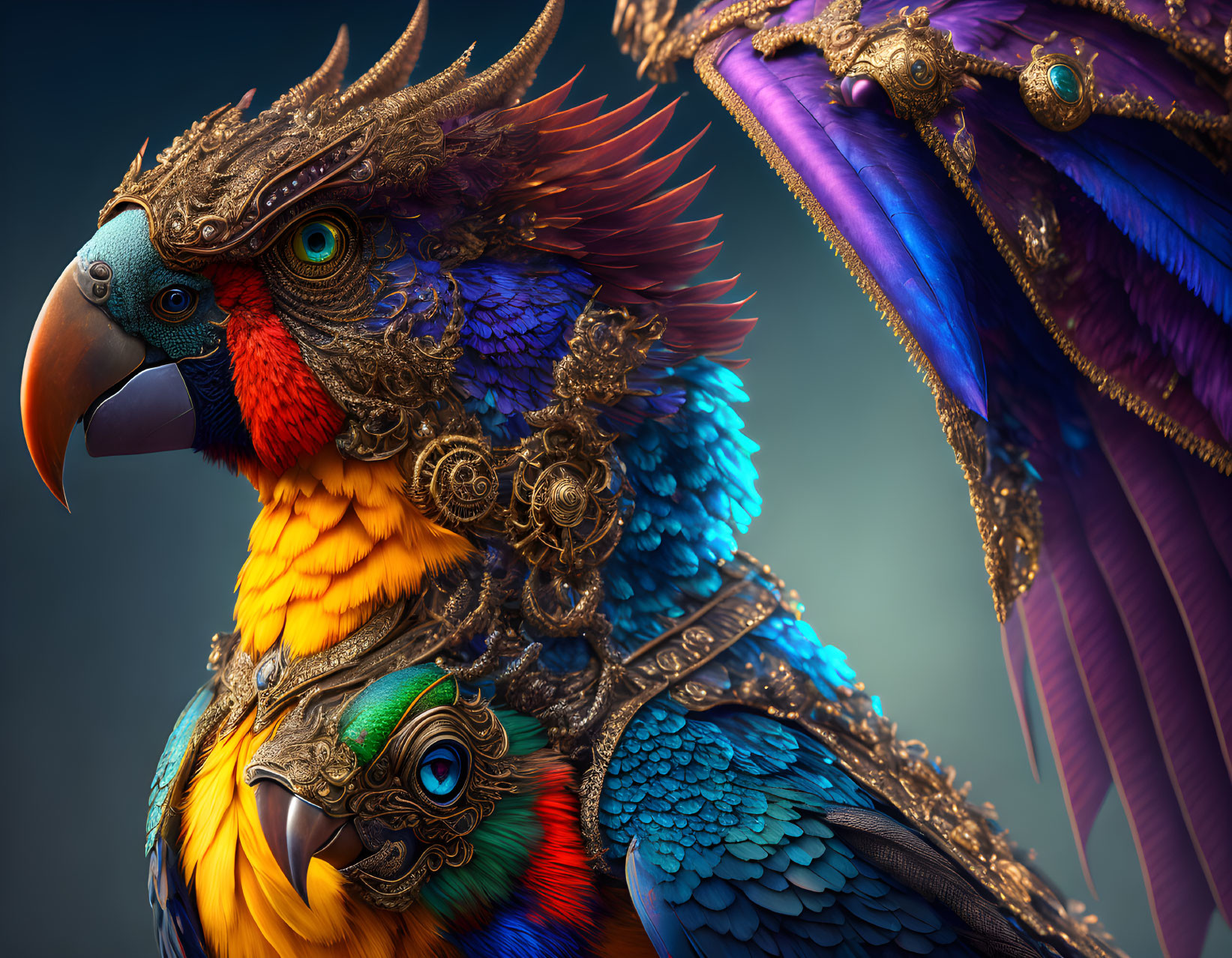 Colorful Mechanical Parrots with Metallic Feathers on Gradient Background