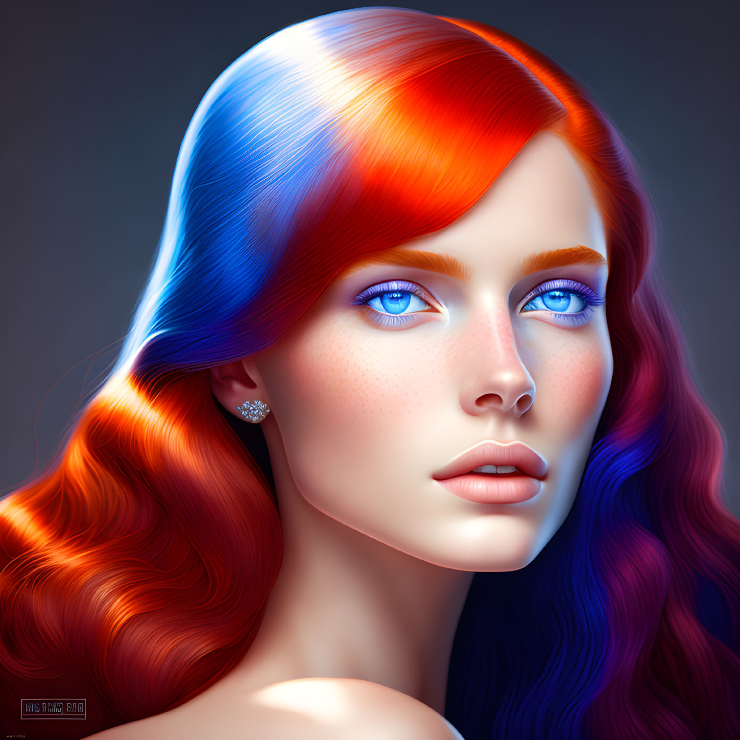 Vibrant red to blue gradient hair woman portrait with blue eyes on grey background