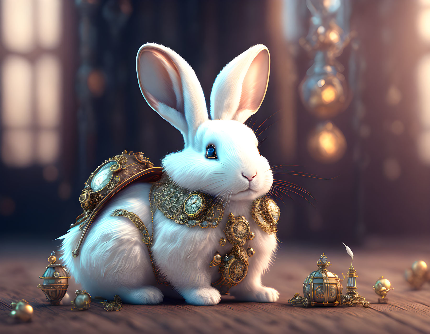 White Rabbit in Golden Armor Surrounded by Baubles and Lights