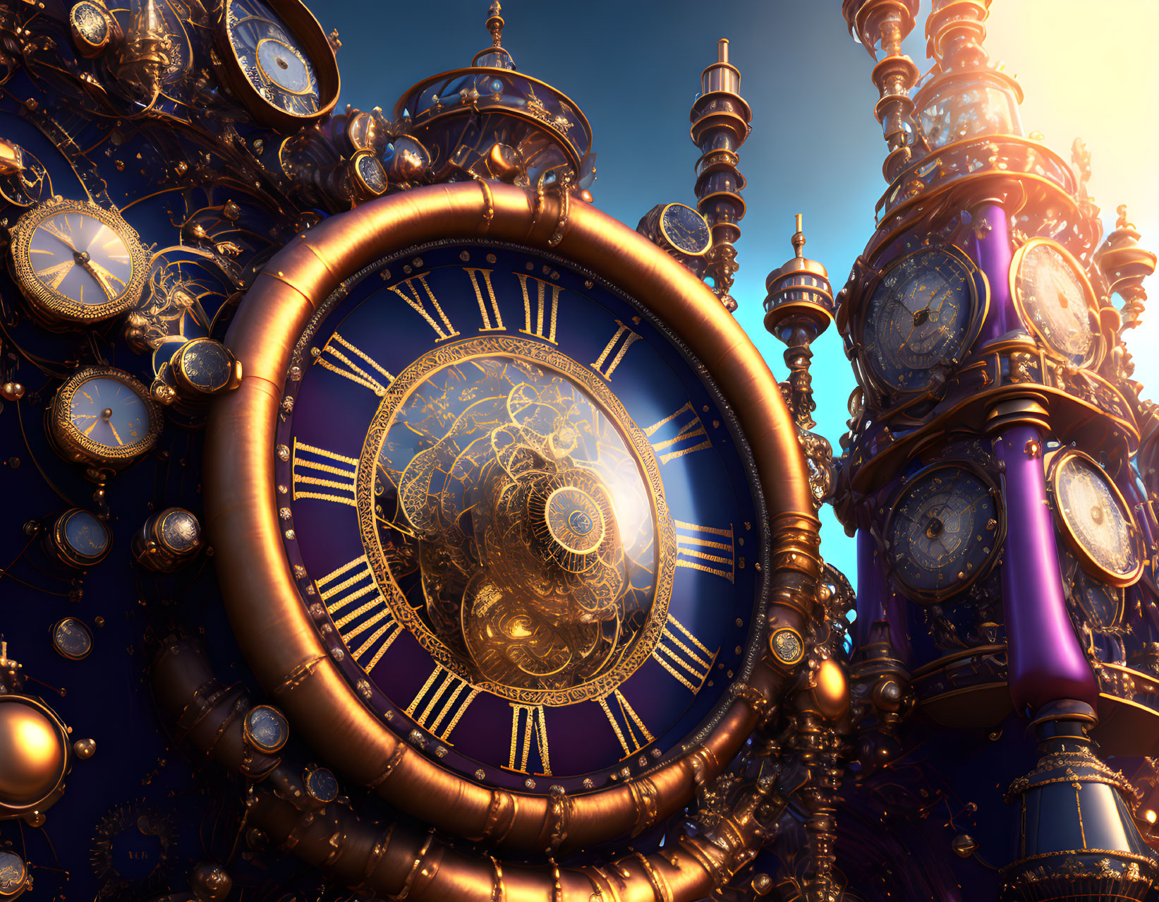 Steampunk landscape with golden gears and clocks under blue sky