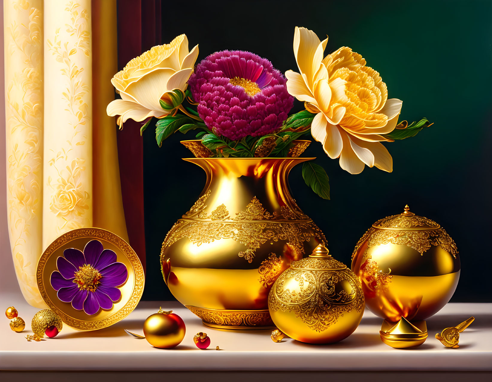 Ornate golden vase with vibrant flowers and decorative balls on dark background