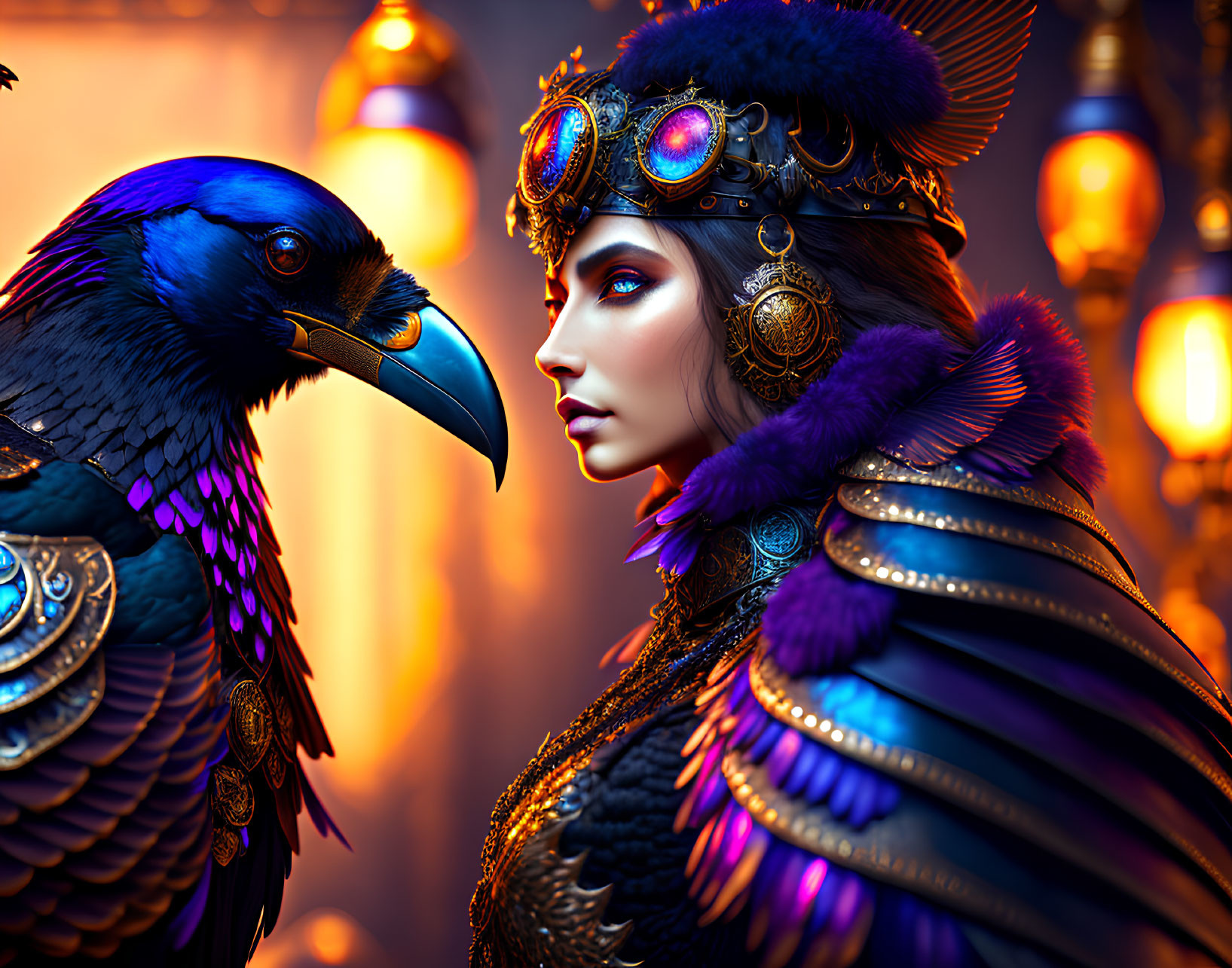 Colorful digital art: Woman in raven armor with headdress, gazing at adorned raven