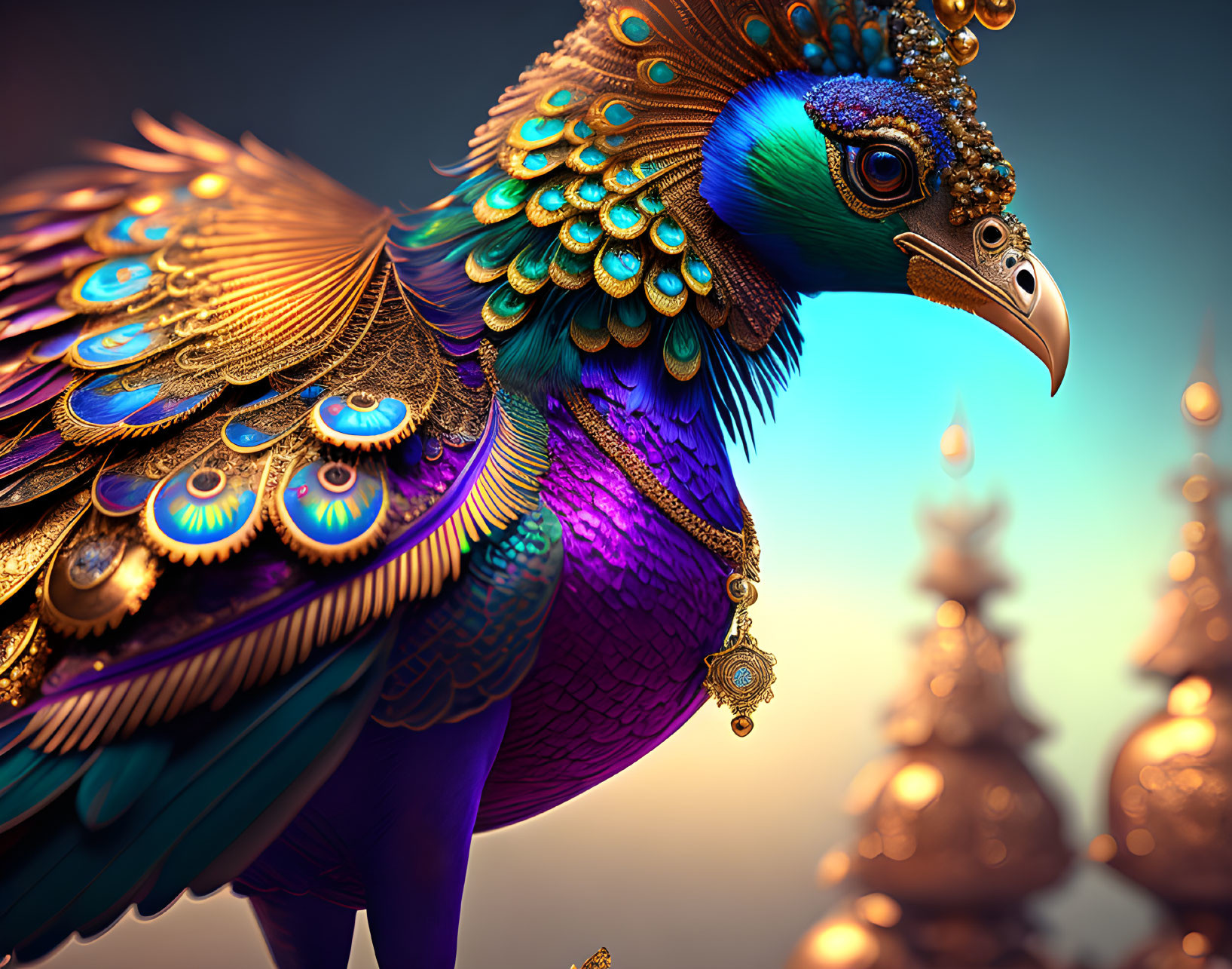 Colorful Stylized Peacock with Ornate Feathers on Gradient Background