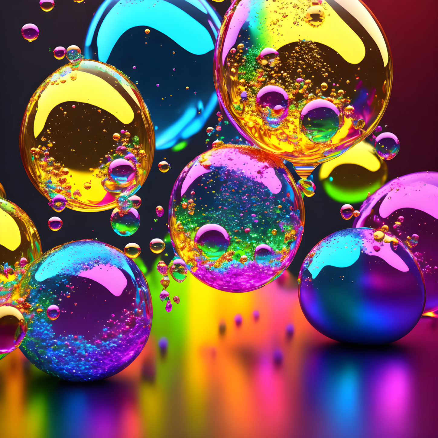 Iridescent bubbles on vibrant multicolored background