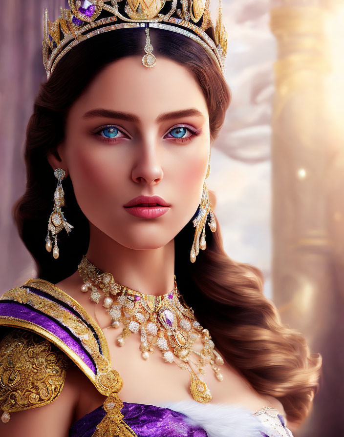 Regal woman digital artwork with blue eyes and gold crown