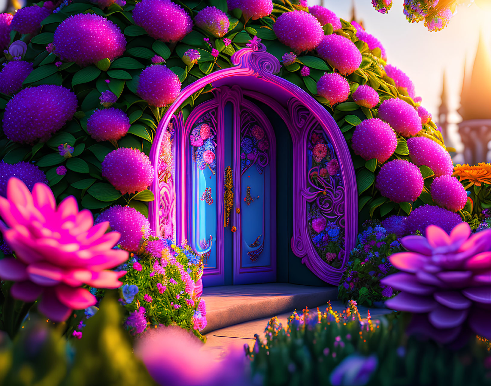 Fantasy scene with whimsical purple door and colorful flora