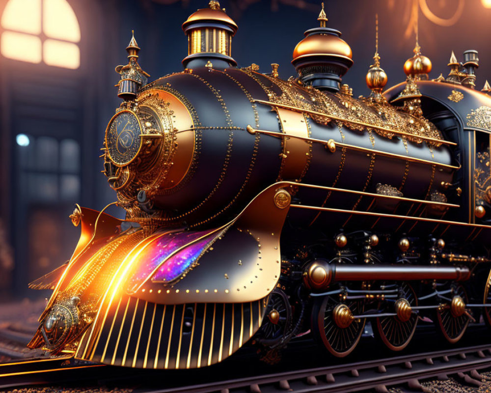 Elaborately detailed steampunk-style train on tracks