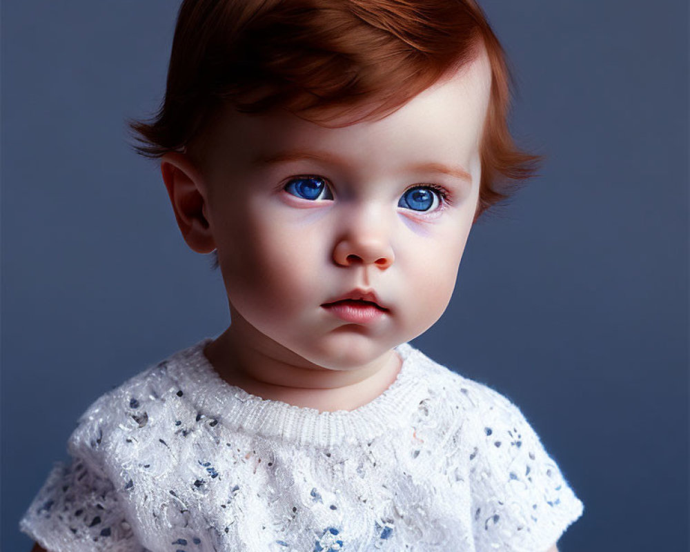 Toddler with Blue Eyes and Reddish-Brown Hair in White Top on Blue-Grey Background