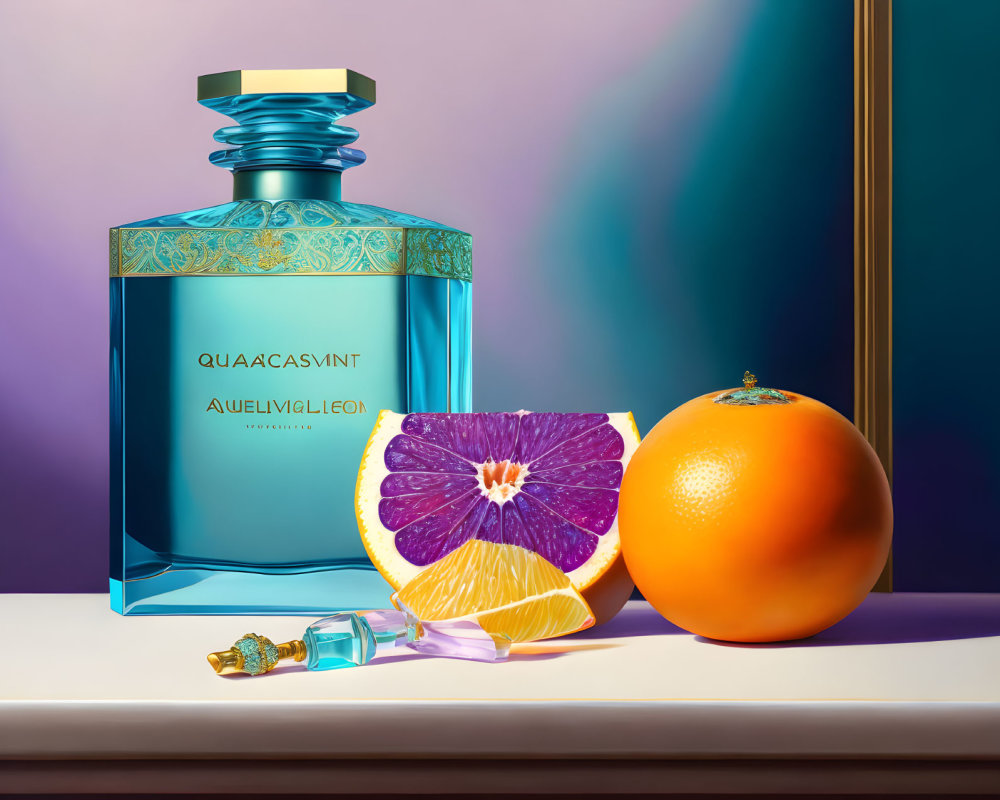 Blue AQUACASINT perfume bottle next to sliced citrus fruit