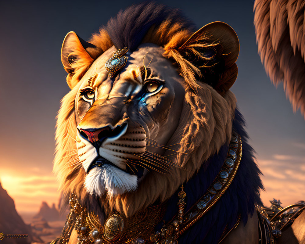 Anthropomorphic lion with blue eyes and jewelry against dusky sky