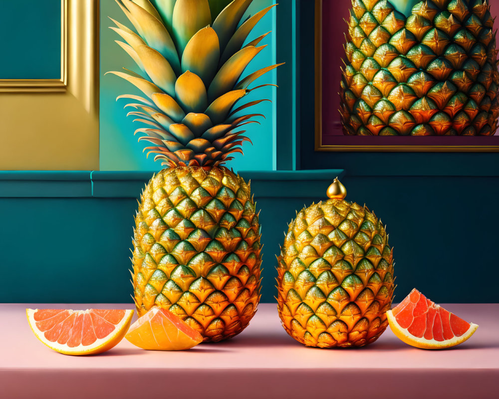 Fresh pineapples, pineapple slice, and orange slices on table with mirrored reflection.