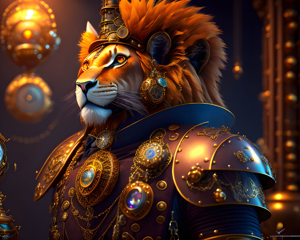 Anthropomorphic lion in gold-trimmed armor with golden orbs.