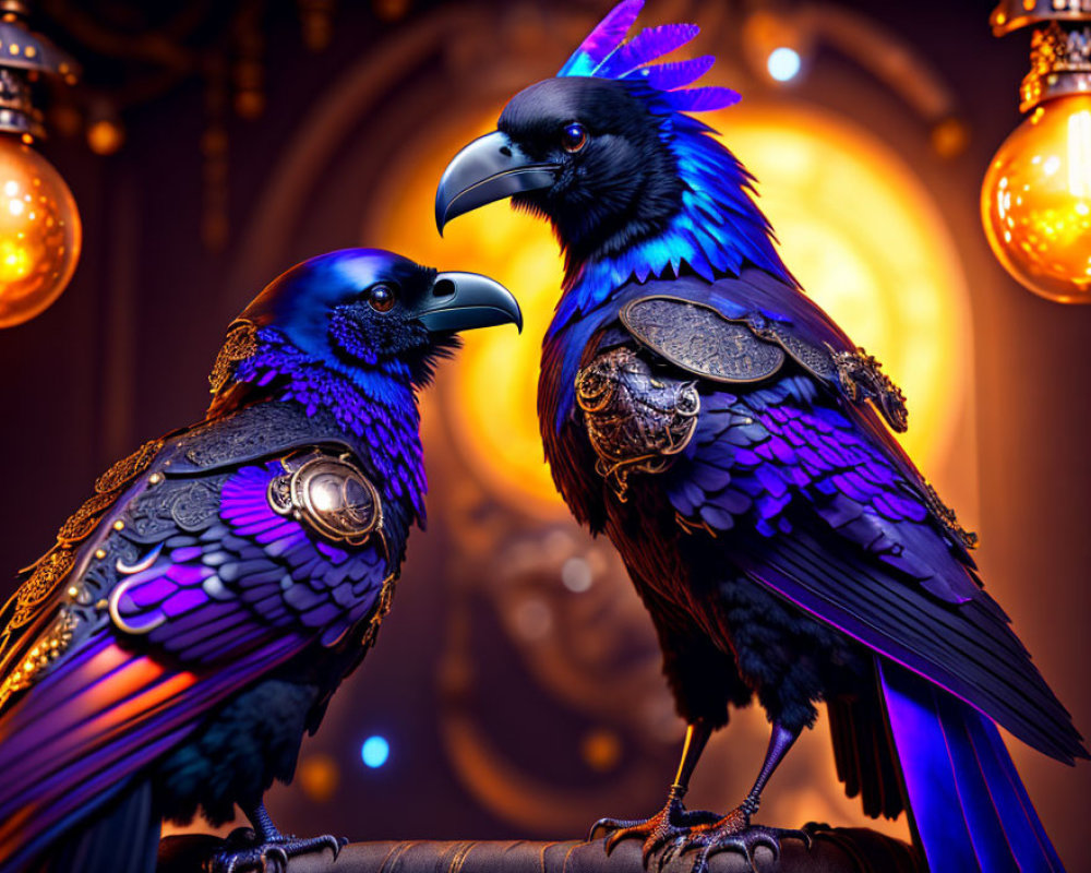 Ornate metallic-armored ravens under warm ambient lighting