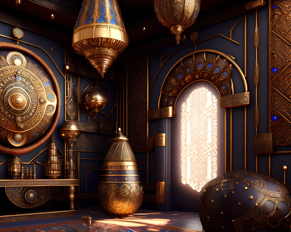 Luxurious navy room with golden patterns, ornate lanterns, and central astronomical instrument.