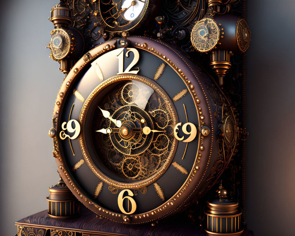 Steampunk-inspired ornate clock with golden and bronze color palette