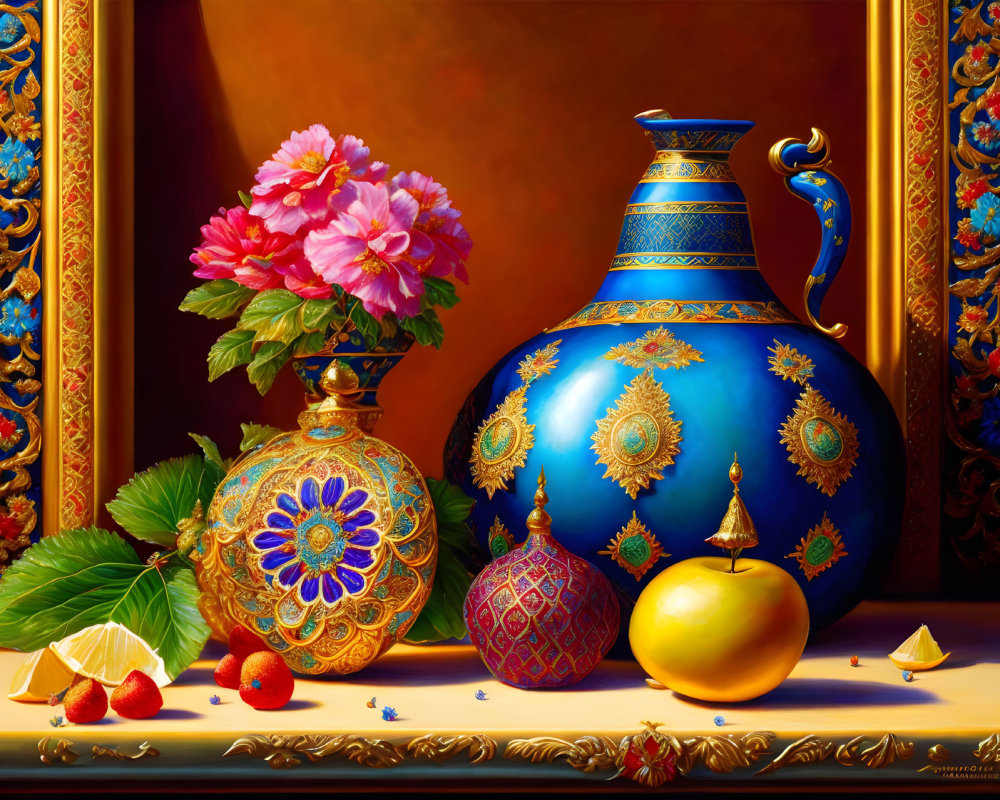 Colorful Still Life with Blue Vase, Pink Flowers, and Citrus Fruits