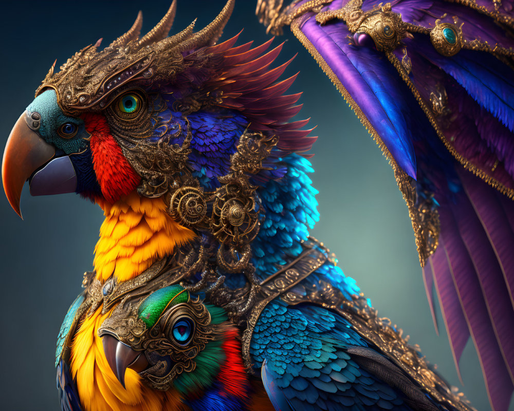 Colorful Mechanical Parrots with Metallic Feathers on Gradient Background