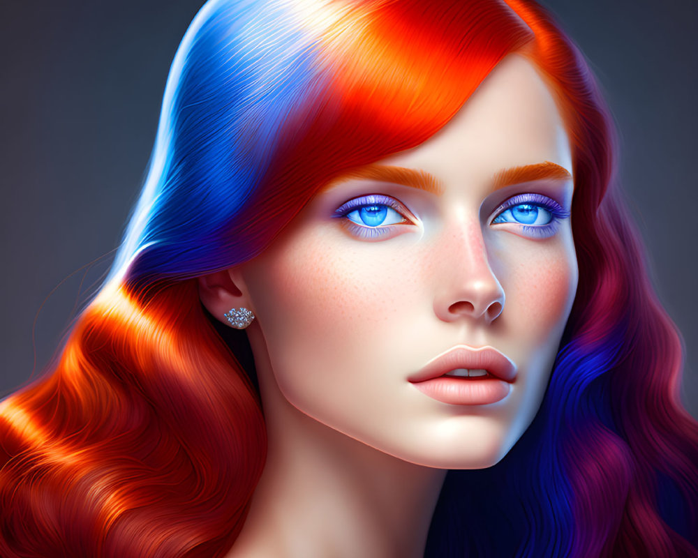 Vibrant red to blue gradient hair woman portrait with blue eyes on grey background