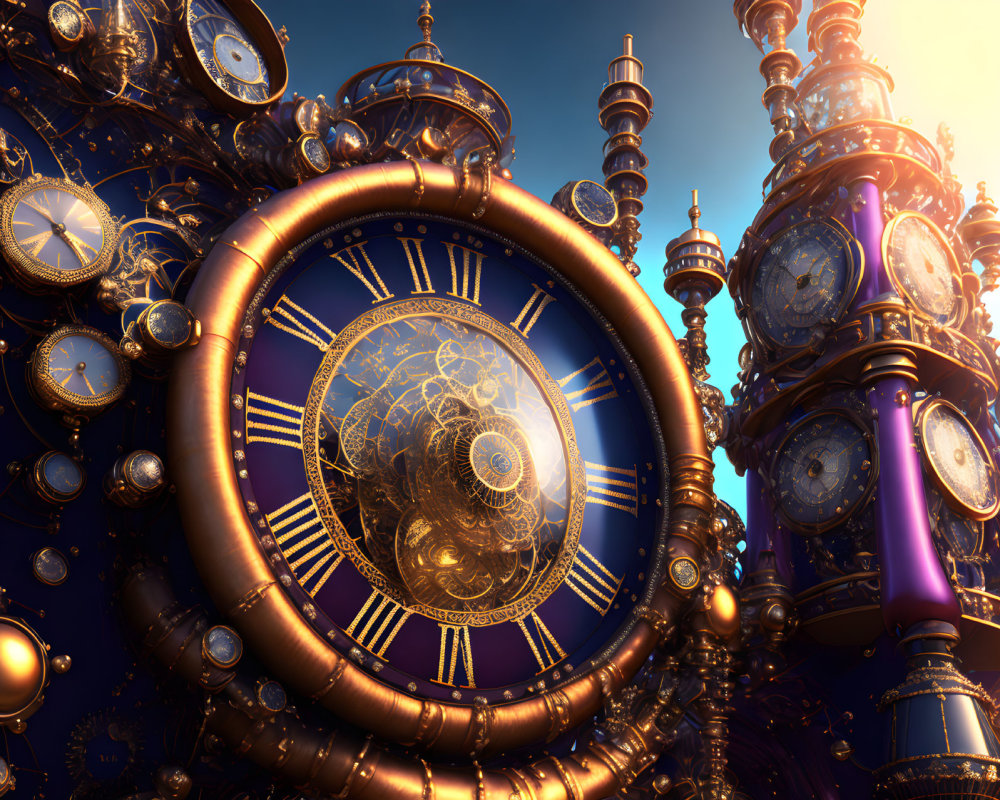 Steampunk landscape with golden gears and clocks under blue sky