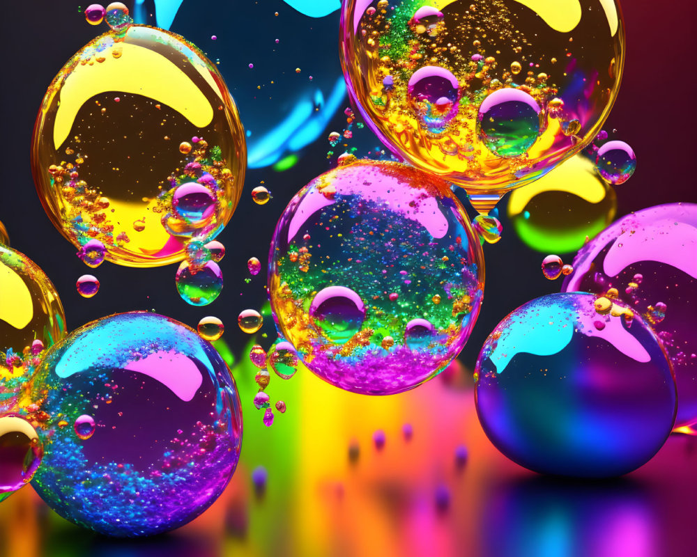 Iridescent bubbles on vibrant multicolored background