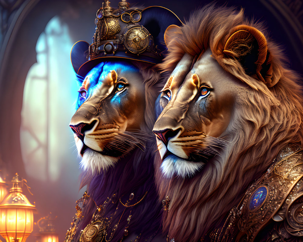 Majestic lions in regal attire with steampunk style, against mystical backdrop