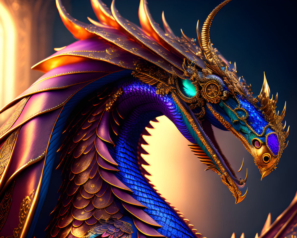 Majestic dragon with golden details, blue and purple scales, turquoise eyes