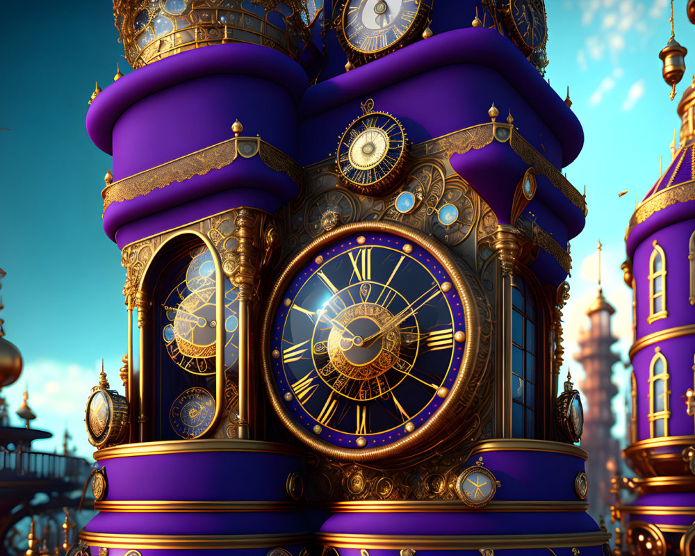 Fantasy Clock Tower with Golden Details and Purple Roofs