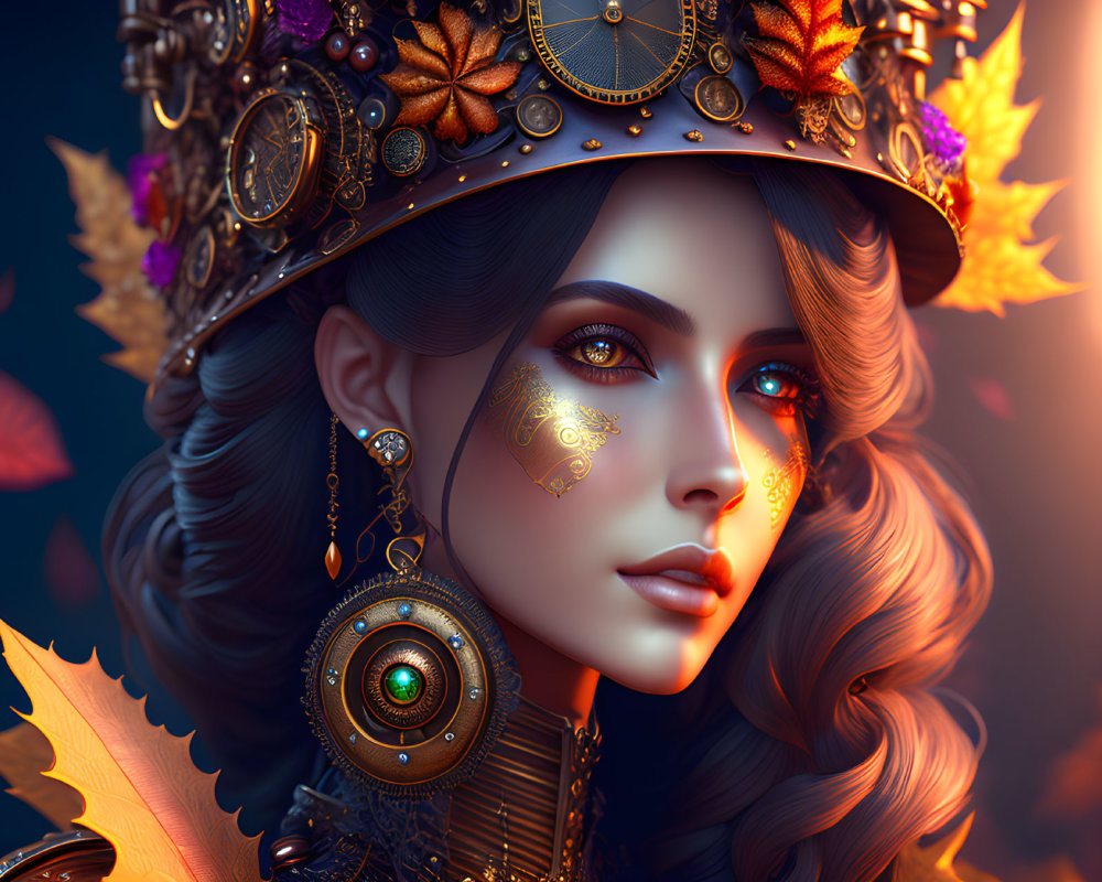 Detailed digital artwork featuring woman in ornate headgear with autumn leaves.