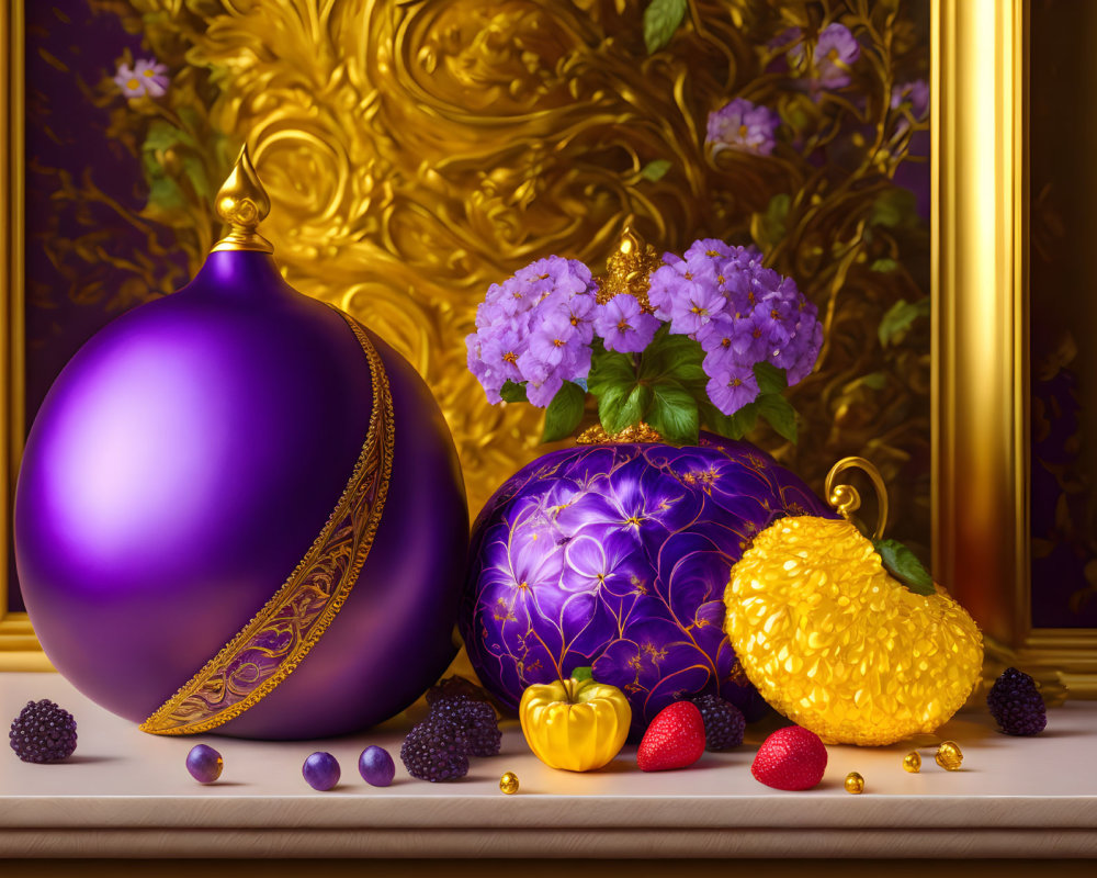 Colorful Still Life with Purple Spheres, Golden Piece, Berries, and Flowers