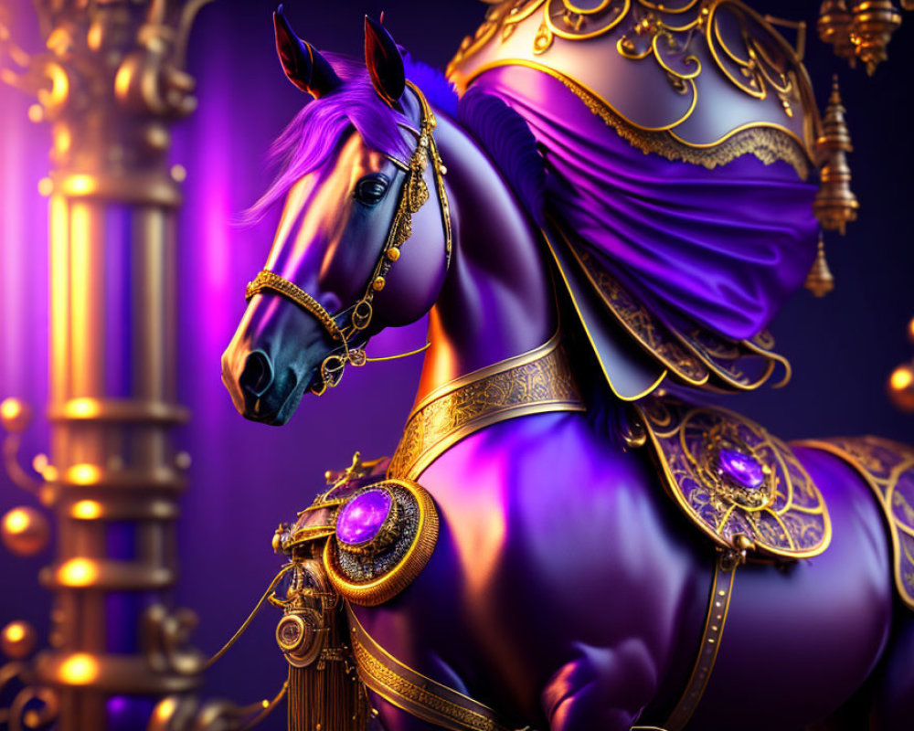 Purple and Gold Ornate Horse on Royal Blue Background