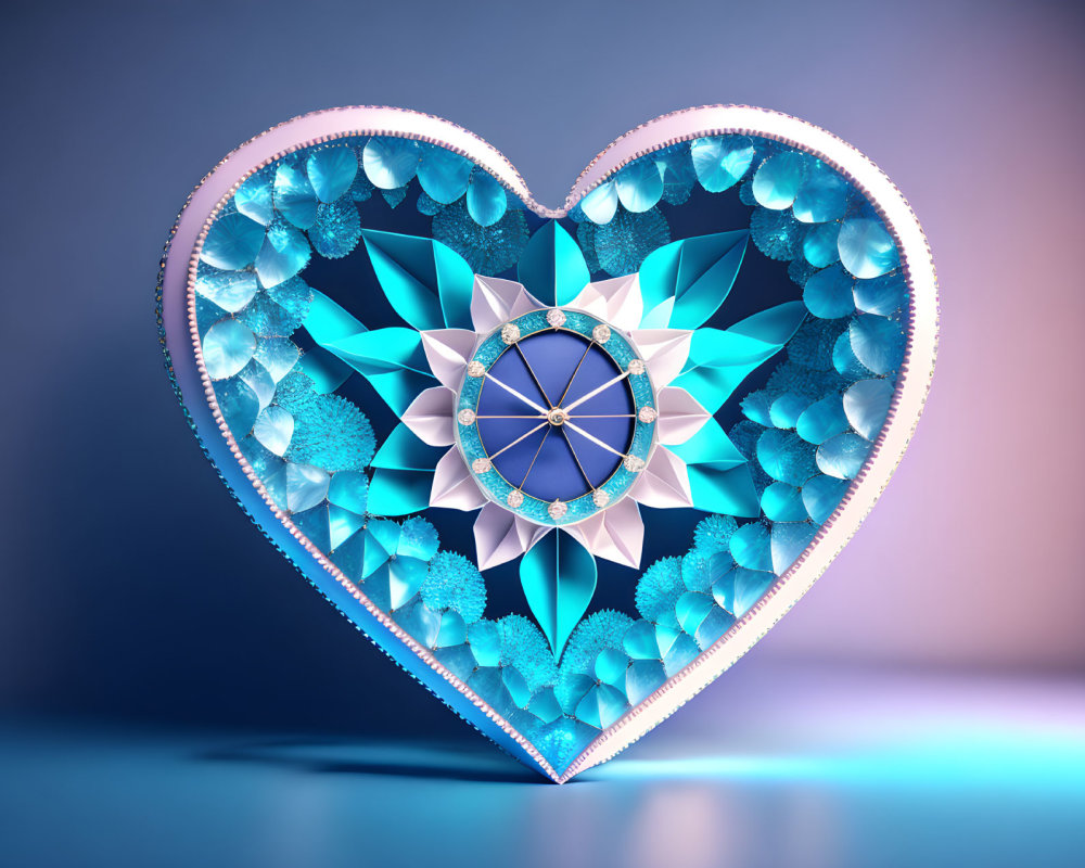 Heart-shaped ornamental object with turquoise flowers and white mandala center on blue background