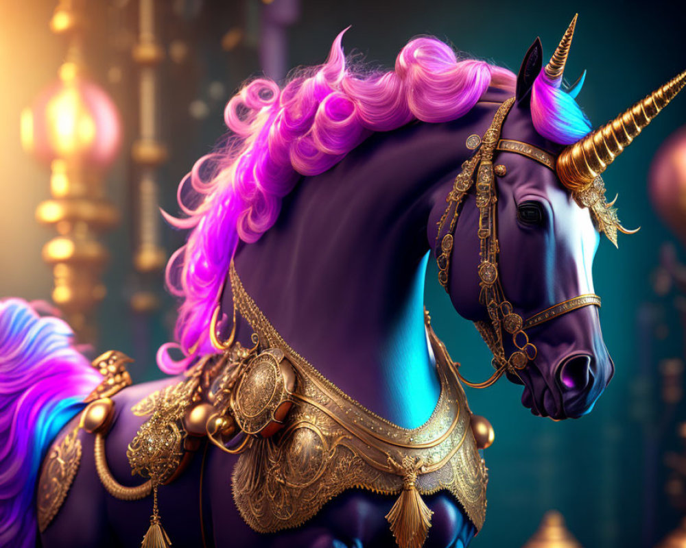 Majestic unicorn with golden horn and ornate tack amidst lantern backdrop