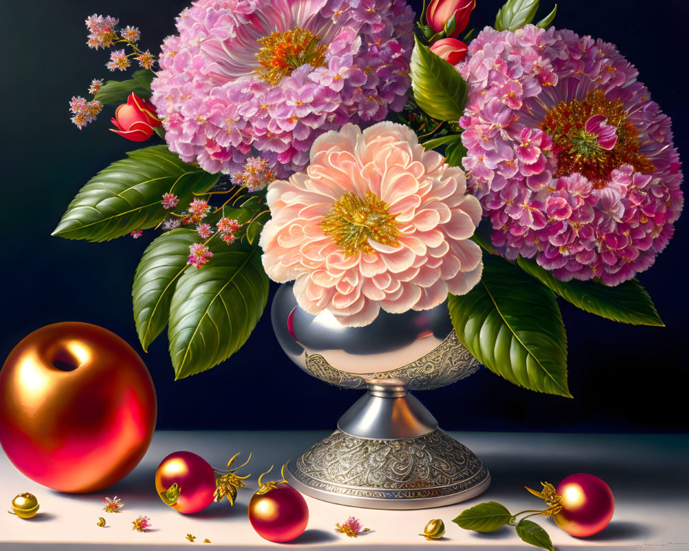 Colorful Still Life Painting with Pink Peonies, Red Apples, and Golden Berries