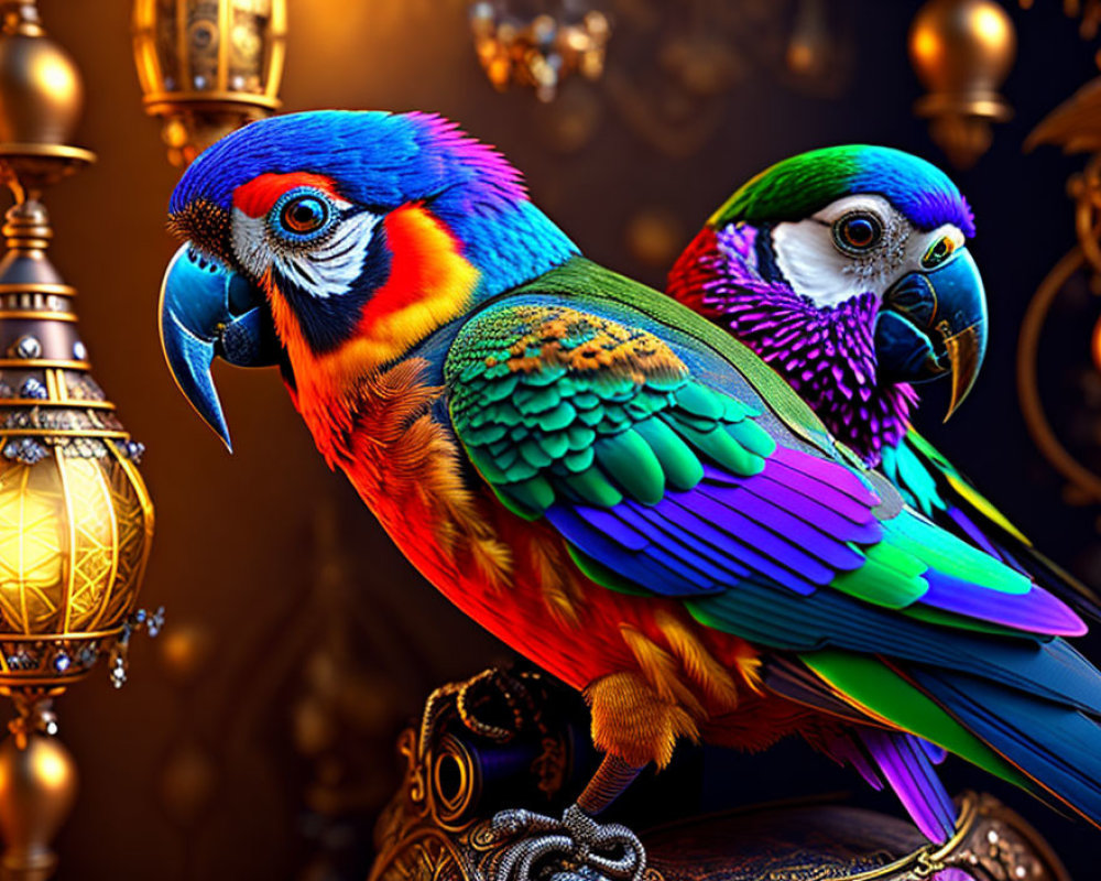 Colorful Parrots Perched Among Ornate Lanterns and Patterns