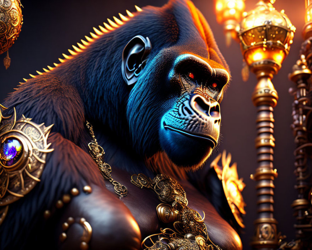 Regal gorilla with golden jewelry in ornate setting