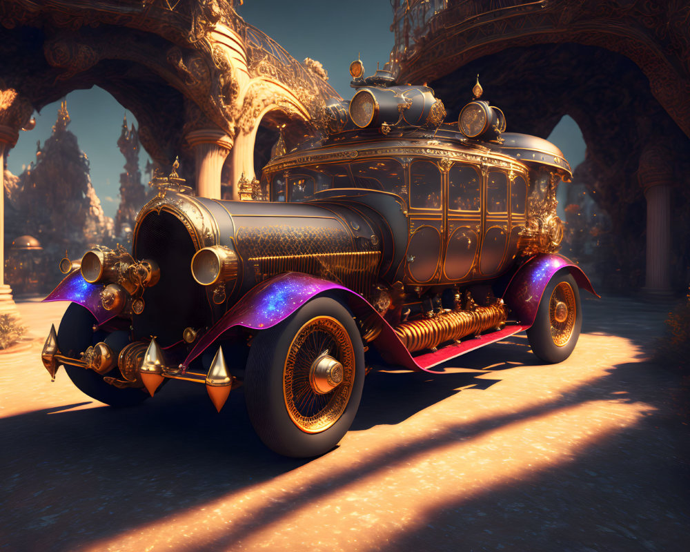 Vintage Car with Purple and Gold Color Scheme in Ornate Architectural Environment