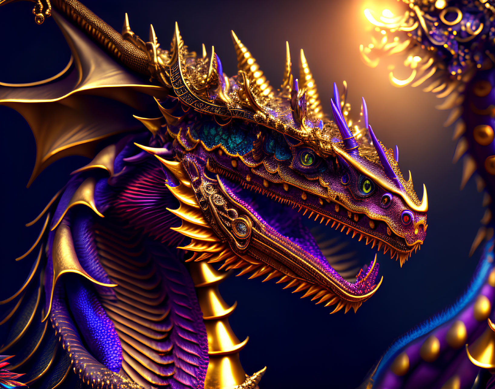 Colorful Multi-Headed Dragon Artwork with Golden Details on Dark Background