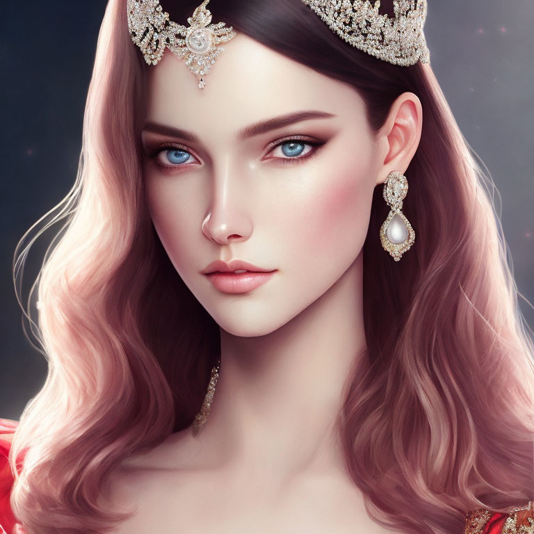 Portrait of a woman with pink hair, blue eyes, jeweled crown, and earrings