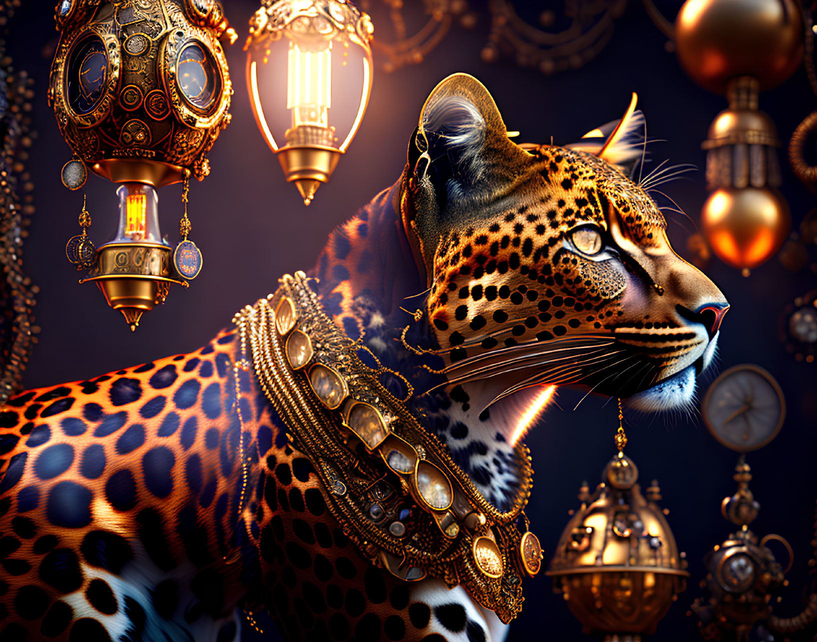 Majestic leopard with golden jewelry in ornate lantern setting