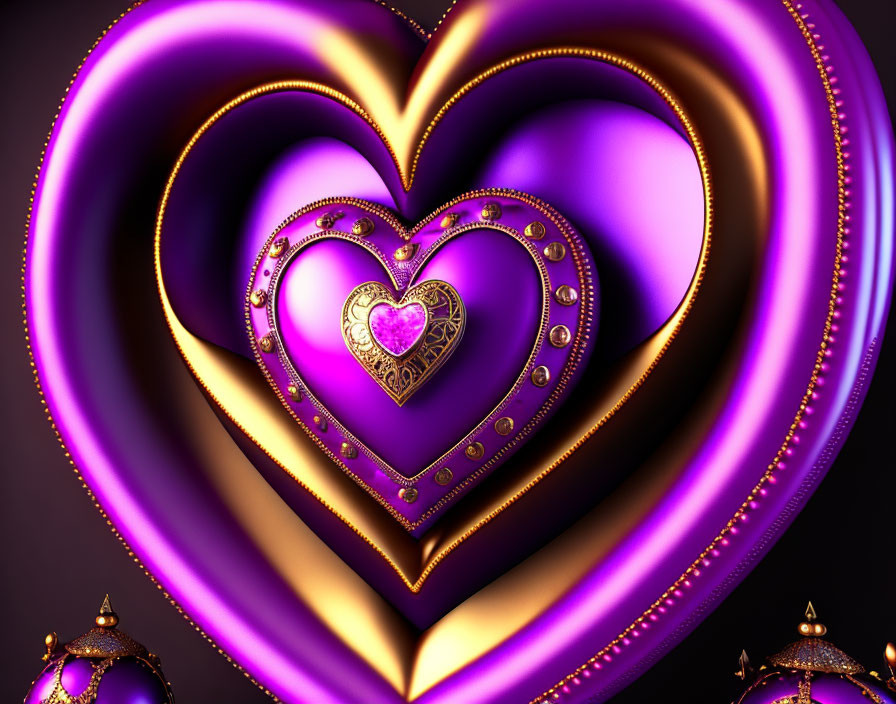Concentric 3D Purple Hearts with Golden Embellishments on Dark Background