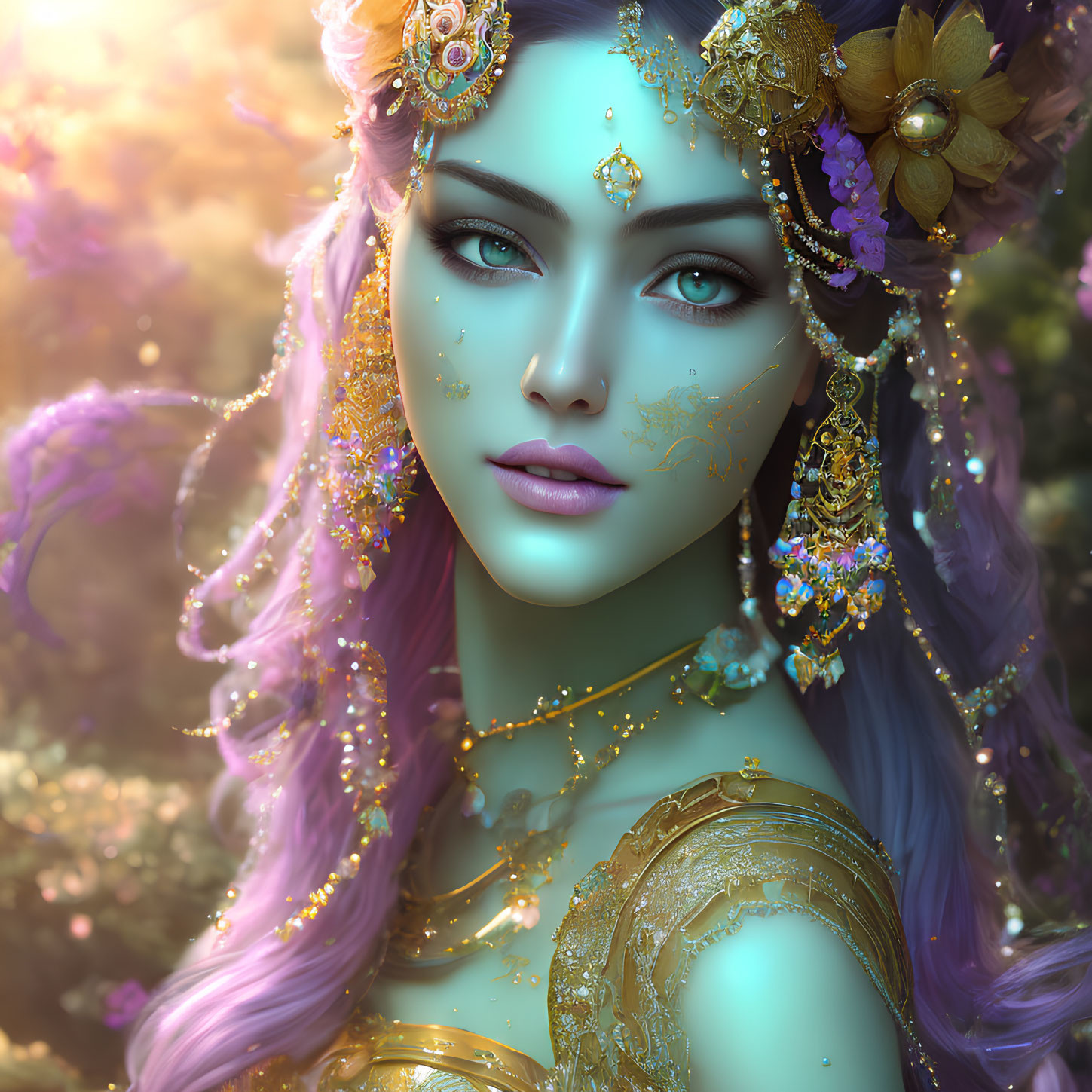 Fantasy female character with violet hair and golden jewelry in magical forest.