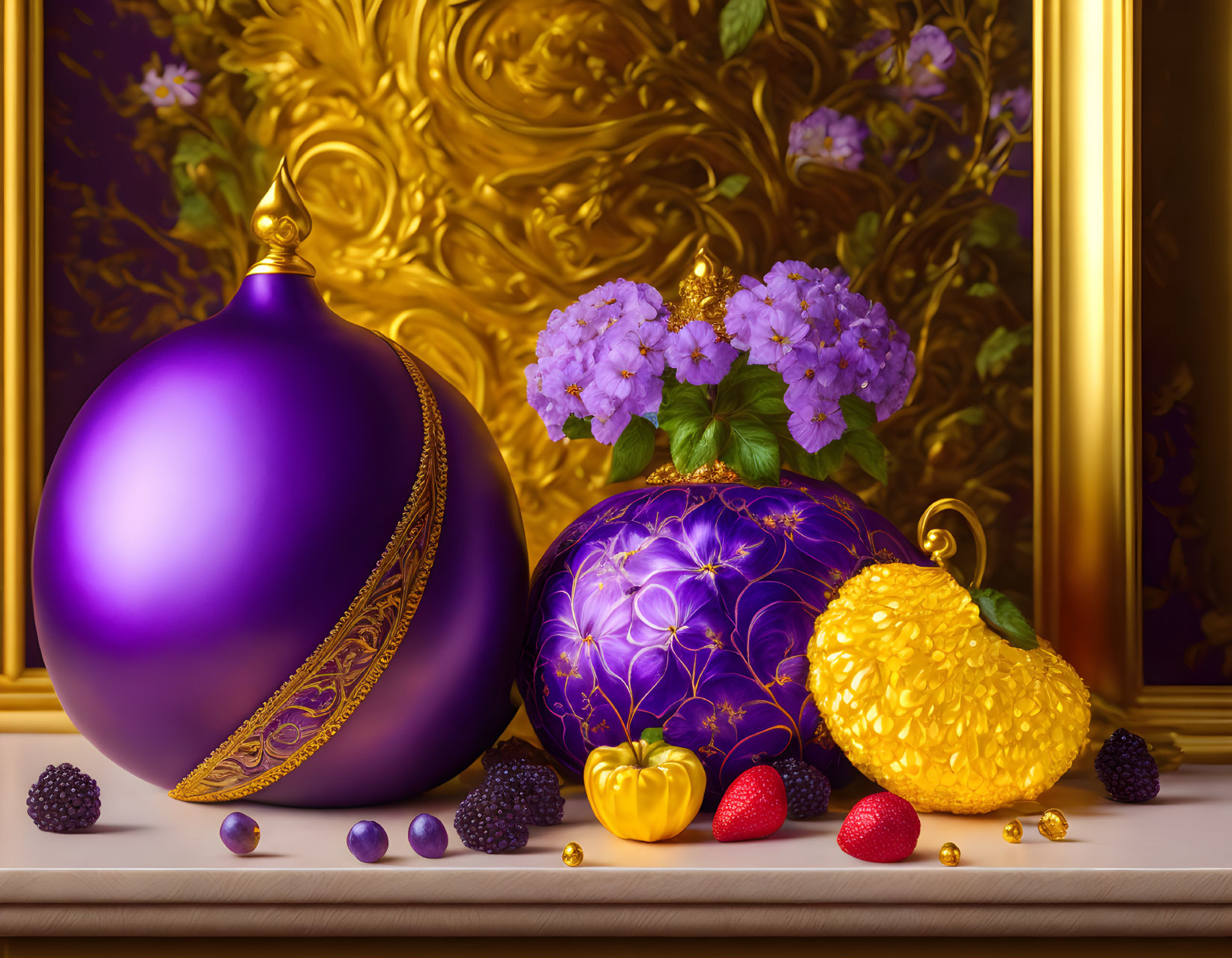 Colorful Still Life with Purple Spheres, Golden Piece, Berries, and Flowers