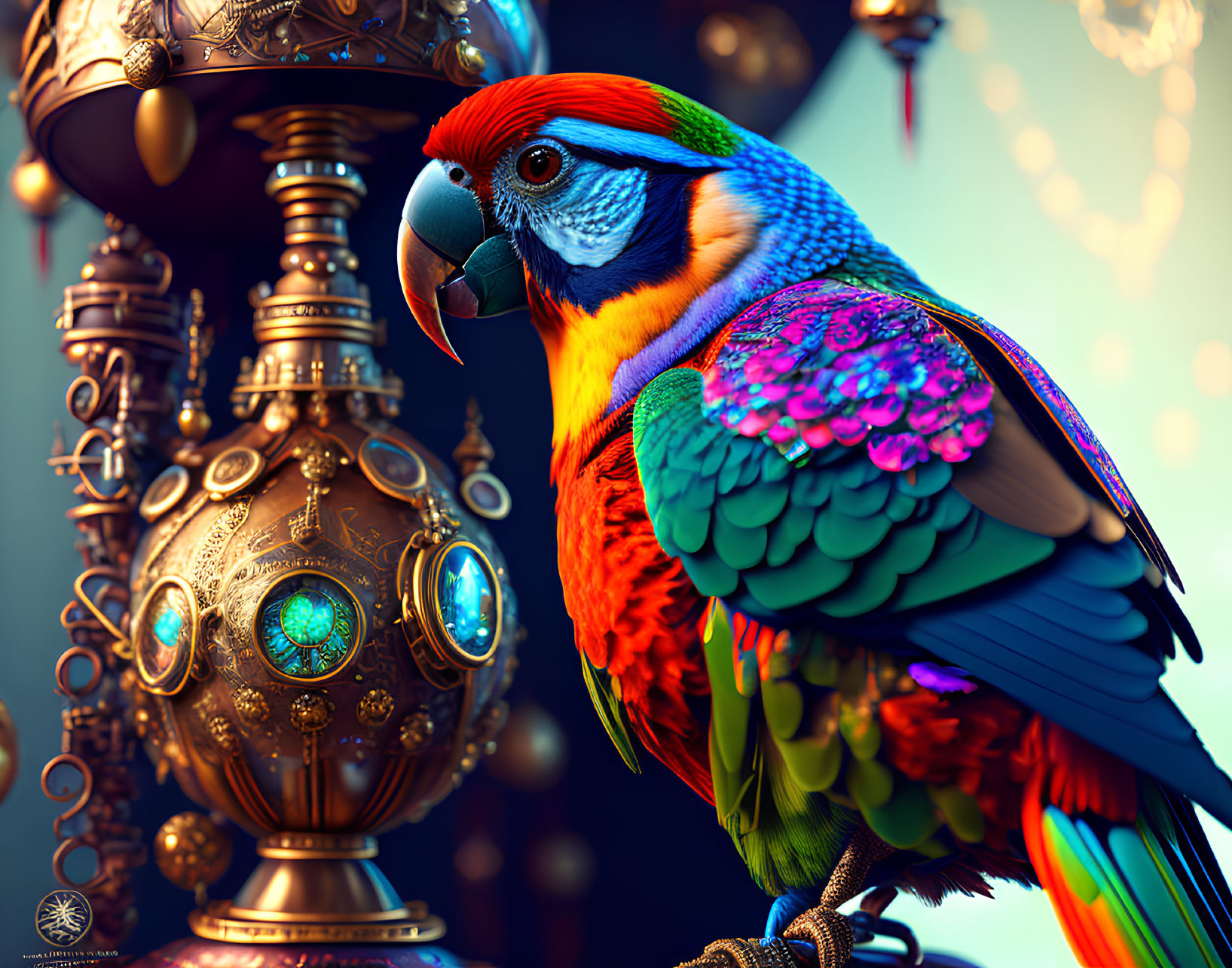 Colorful Macaw and Ornate Metallic Spheres with Glowing Elements