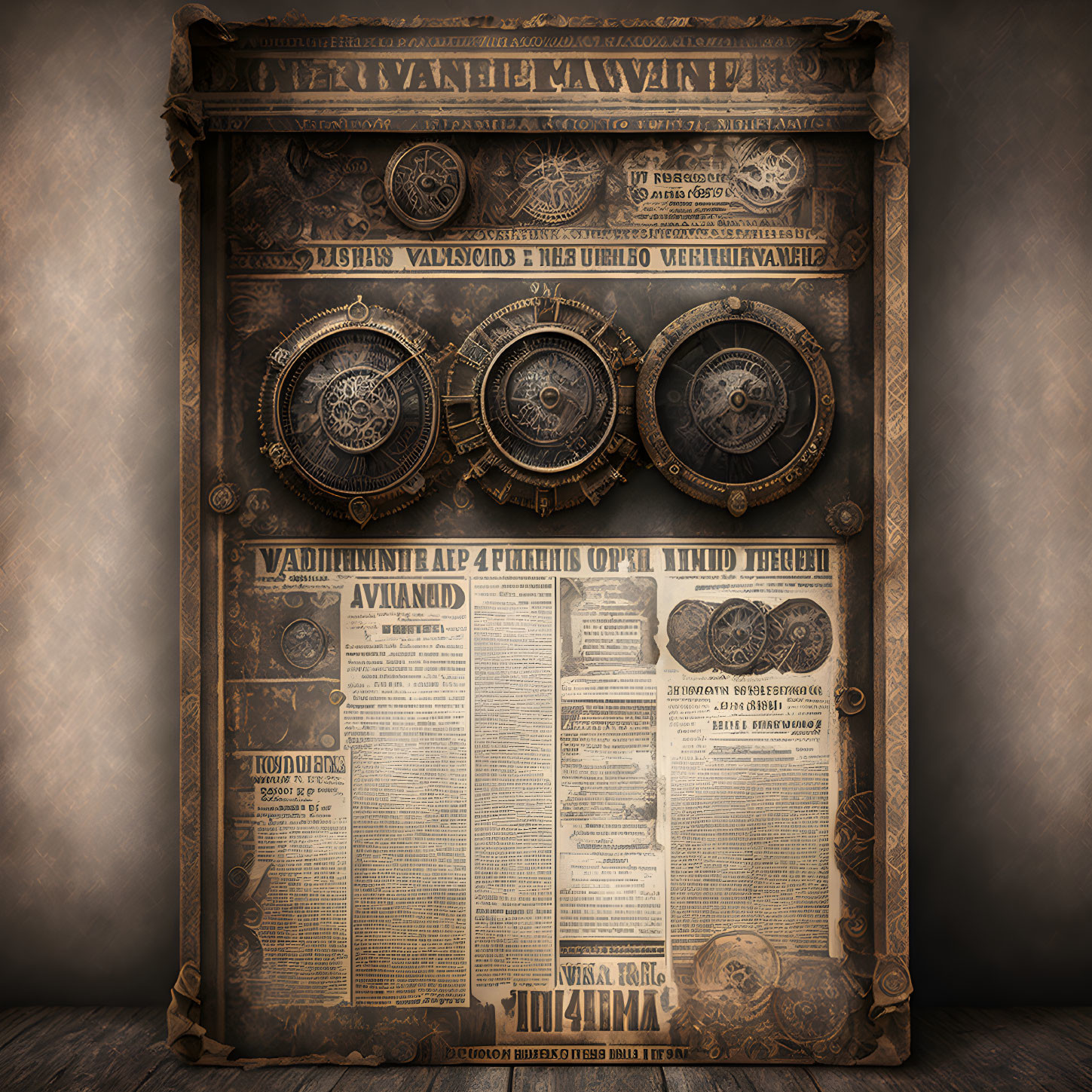 Vintage steampunk poster with old-style typography, gears, and mechanical elements on textured sepia background