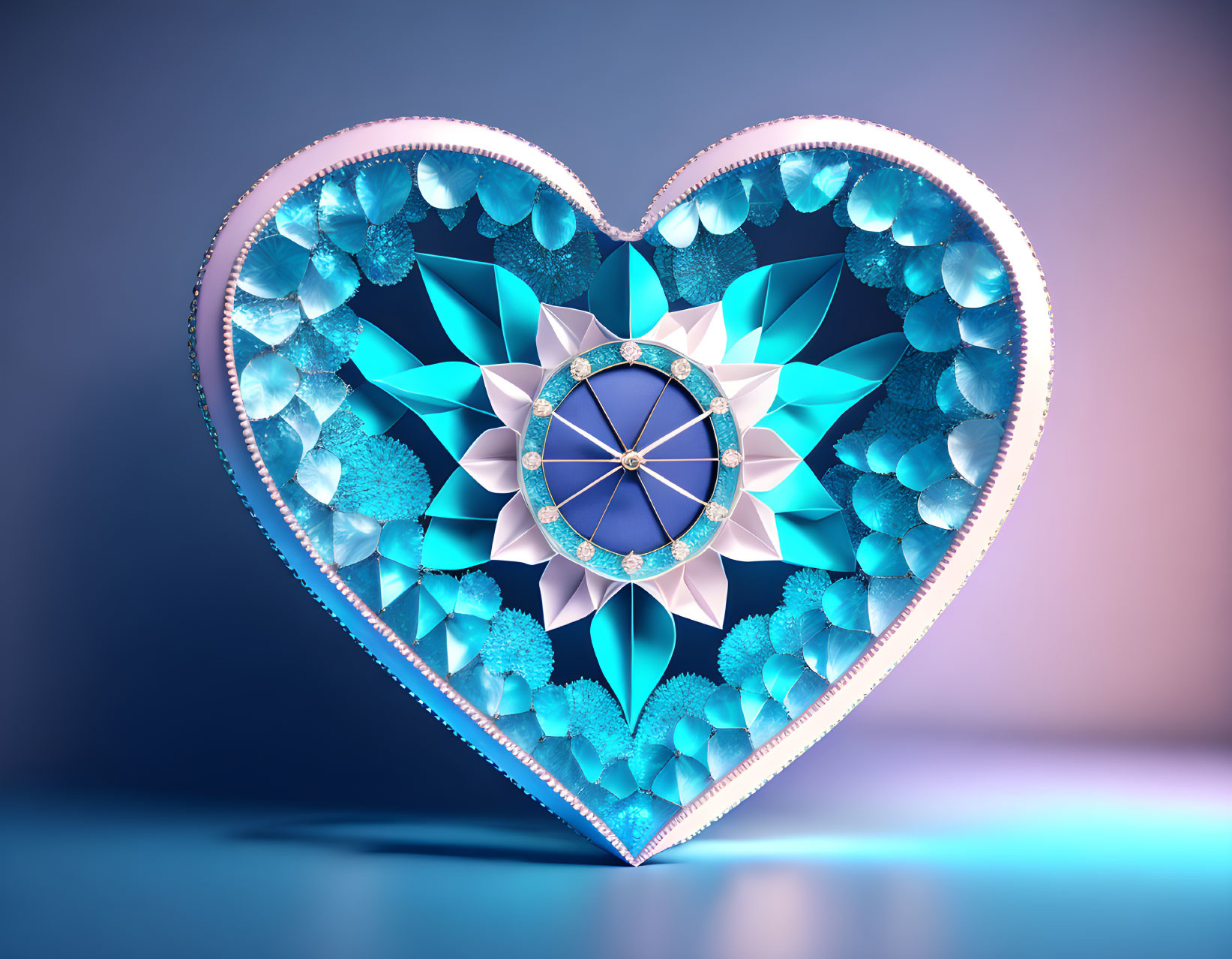 Heart-shaped ornamental object with turquoise flowers and white mandala center on blue background