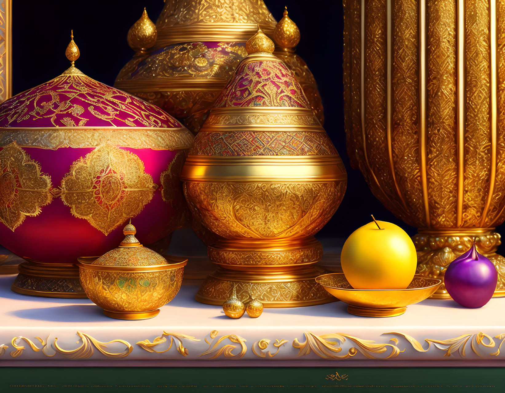 Opulent Still Life Featuring Golden Vessels and Jeweled Containers