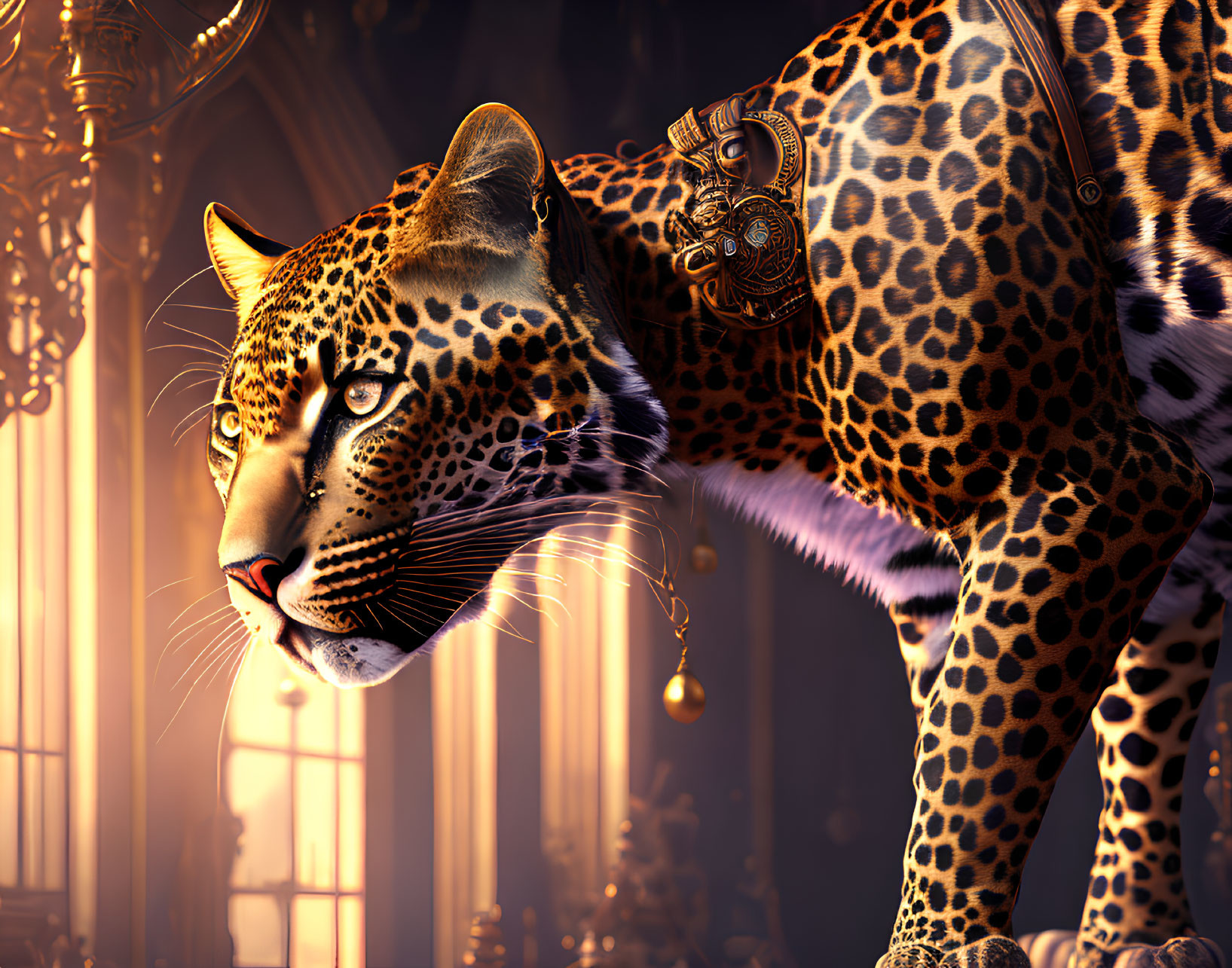 Digital artwork: Leopard with decorative harness in ornate, golden-hued room