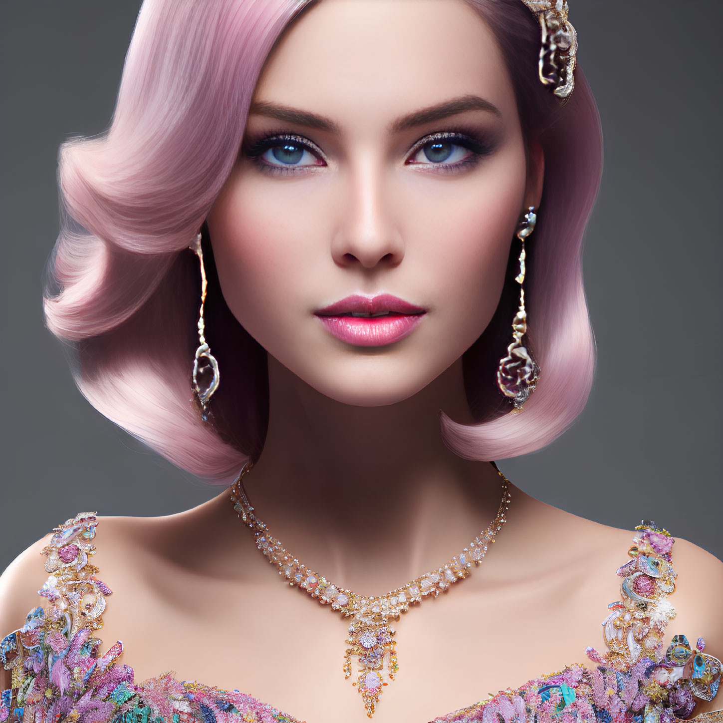 Woman with Pastel Pink Hair and Blue Eyes in Golden Jewelry and Sequined Dress